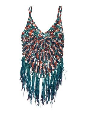 Crochet Fringe Swim Cover-Up in Teal Multi